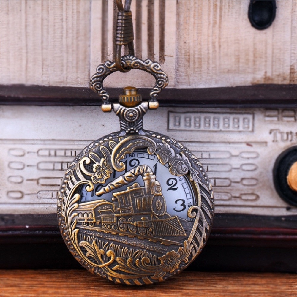 Mens Stainless Steel Quartz Movement Steampunk Locomotive Designer Pocket Watch